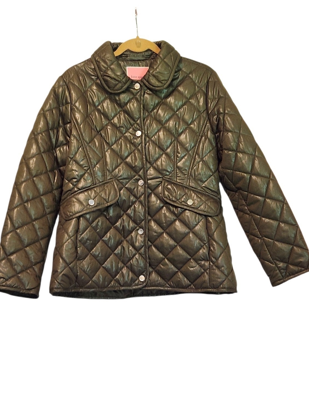 NWT Kate Spade Olive Green Diamond Quilted Snap On Peter Pan Collar Jacket Sz XL